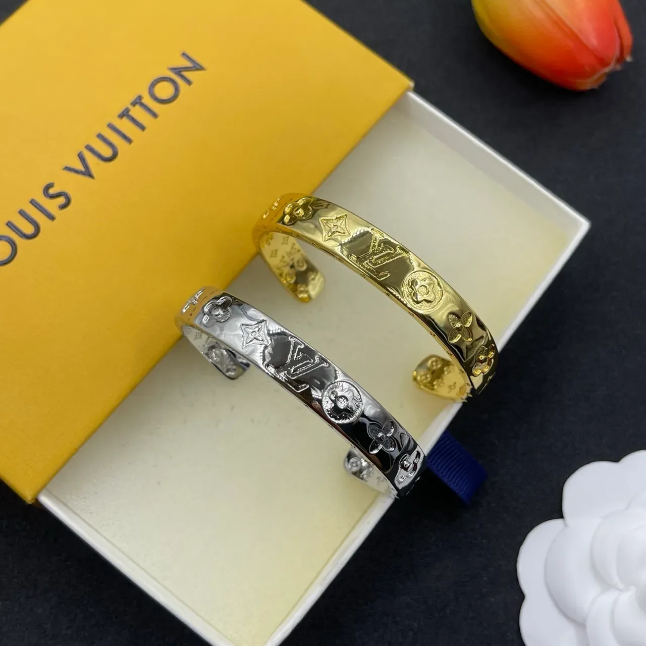 Louis Vuitton Monogram Flower Embossed Gold-Tone Cuff Bracelet 2