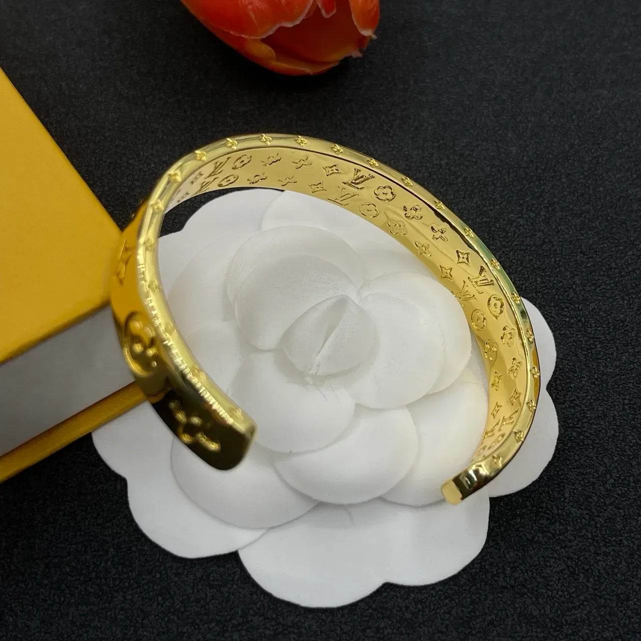 Louis Vuitton Monogram Flower Embossed Gold-Tone Cuff Bracelet 3