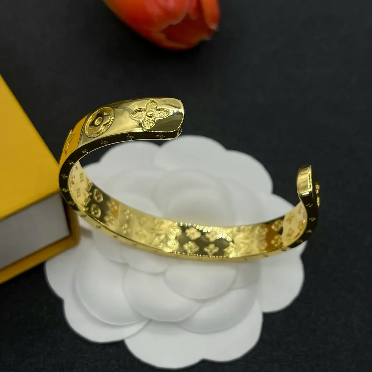 Louis Vuitton Monogram Flower Embossed Gold-Tone Cuff Bracelet 4