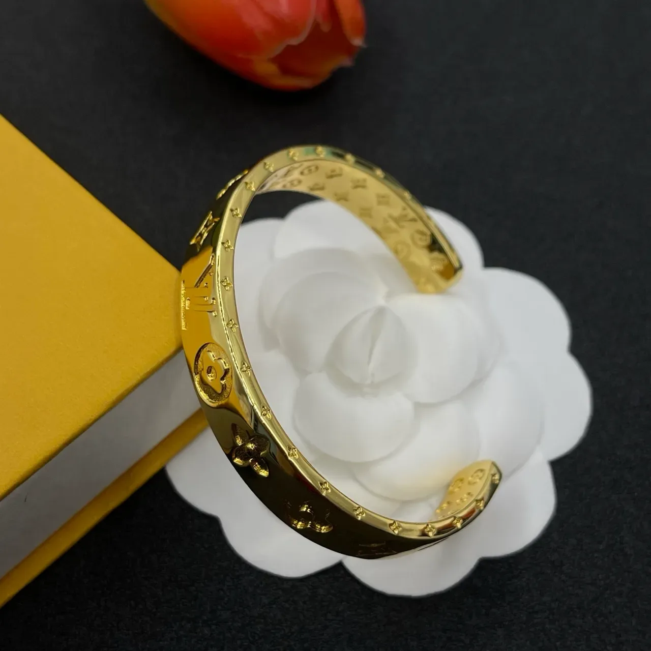 Louis Vuitton Monogram Flower Embossed Gold-Tone Cuff Bracelet 5