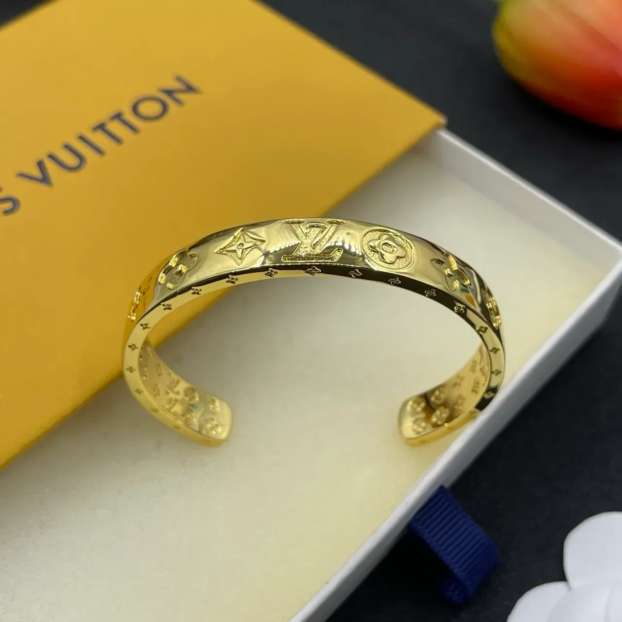 Louis Vuitton Monogram Flower Embossed Gold-Tone Cuff Bracelet 6