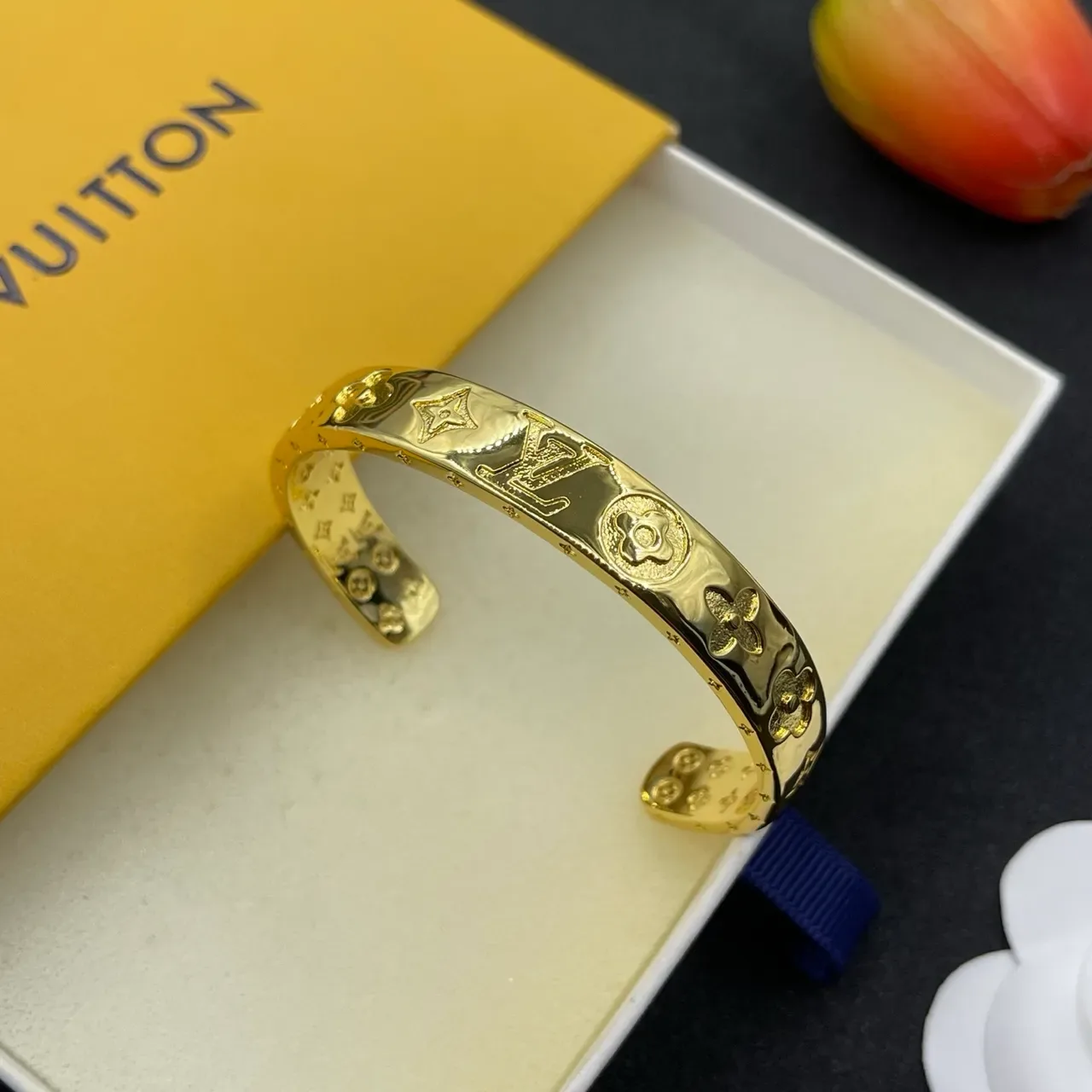 Louis Vuitton Monogram Flower Embossed Gold-Tone Cuff Bracelet 7
