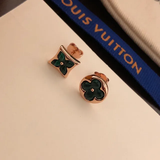 Louis Vuitton Monogram Flower Green Enamel Rose Gold Stud Earrings 2
