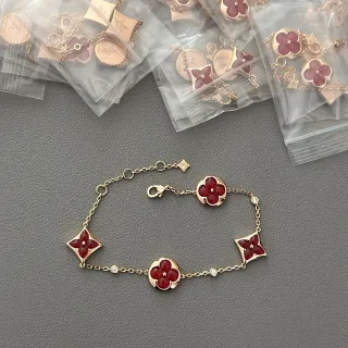 Louis Vuitton Monograma Flor Esmalte Vermelho Pulseira Dourada