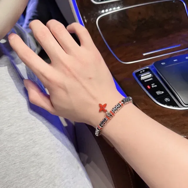 Louis Vuitton Monogram Flower Red Enamel Silver Chain Bracelet 2
