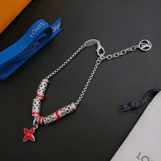 Louis Vuitton Monogram Flower Red Enamel Silver Chain Bracelet 3