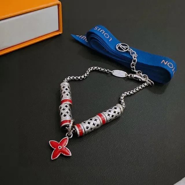Louis Vuitton Monogram Flower Red Enamel Silver Chain Bracelet 6