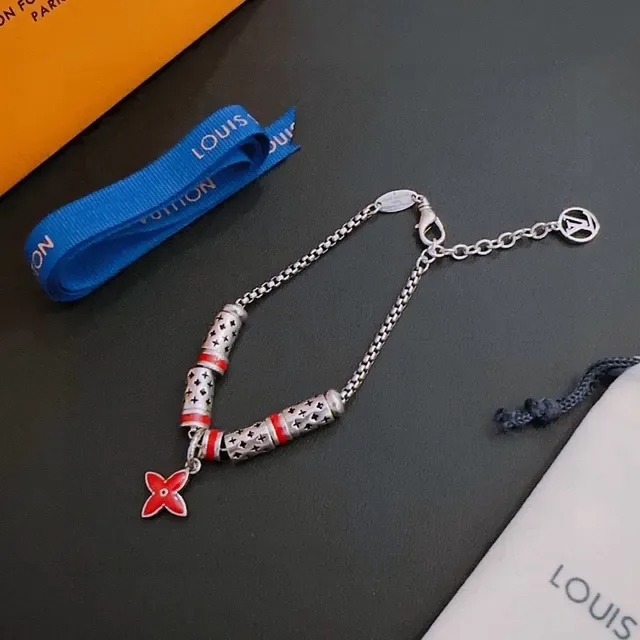 Louis Vuitton Monogram Flower Red Enamel Silver Chain Bracelet 9