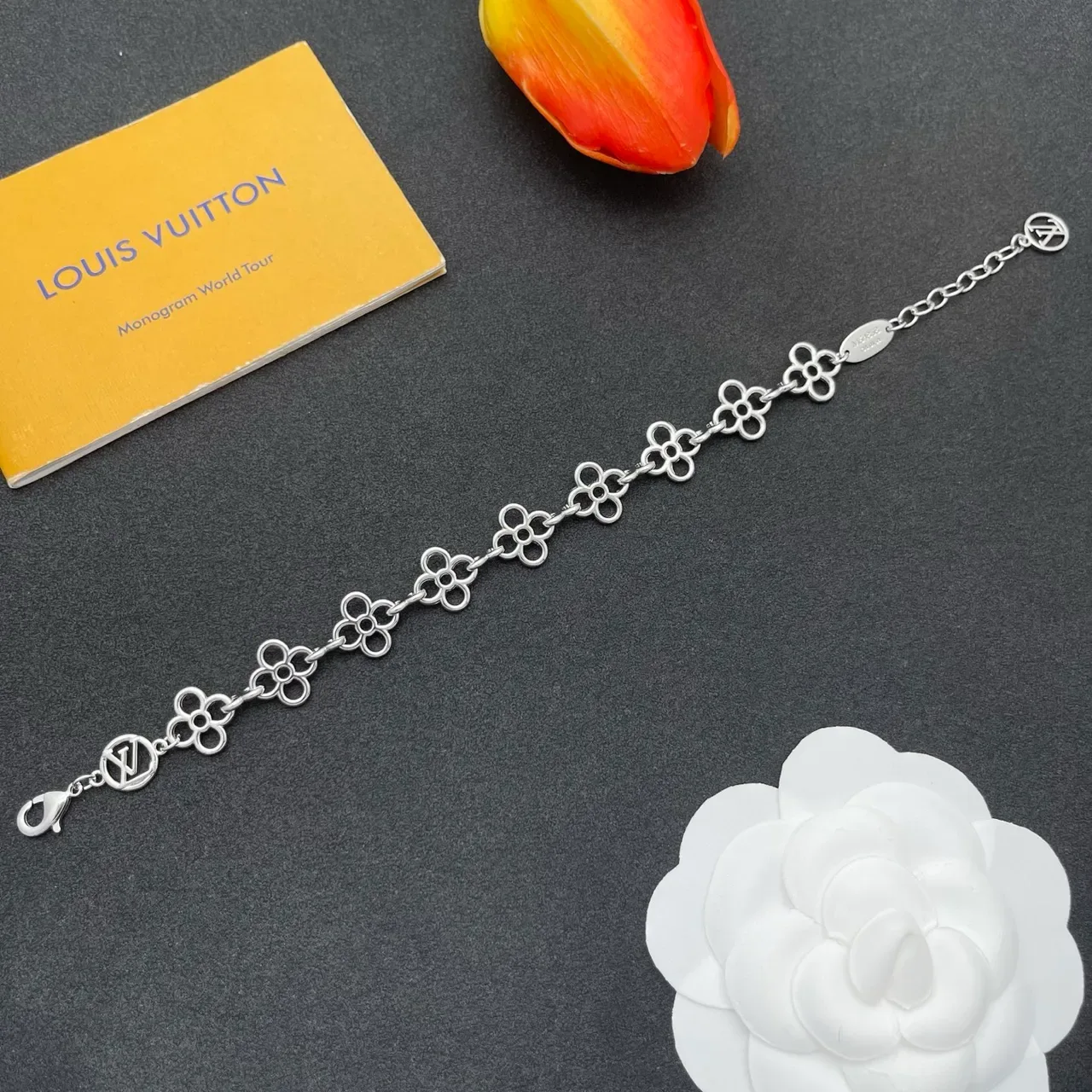 Louis Vuitton Monogram Flower Silver-Tone Floral Link Bracelet 8