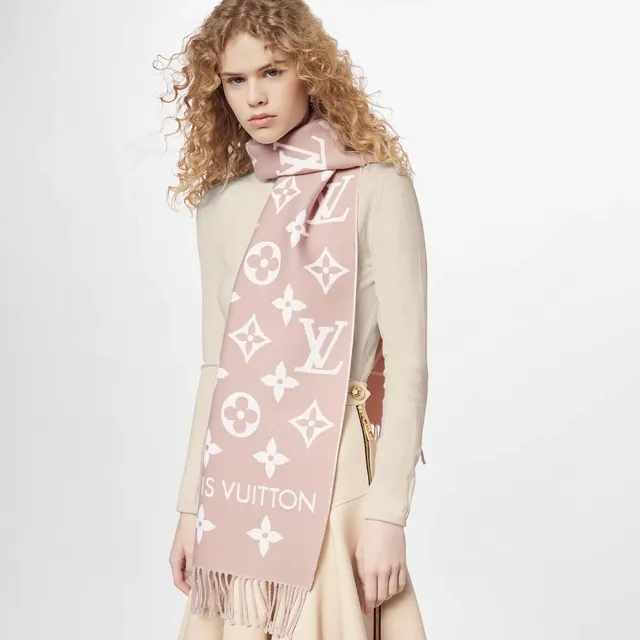 Louis Vuitton Monogram Jacquard وشاح كشميري وردي وكريمي 3