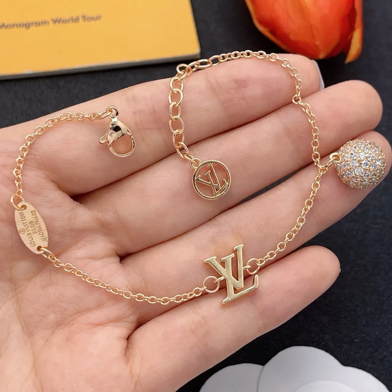 Louis Vuitton Monogram Jewelry Gold Silver Chain Charms Bracelet 8
