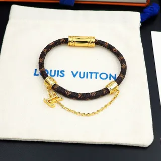 Louis Vuitton Monogram Pulsera Cuero Marrón Dorado Trenzada Hardware