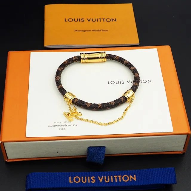 Louis Vuitton Monogram Leather Bracelet Brown Gold Braided Hardware Bracelet 2