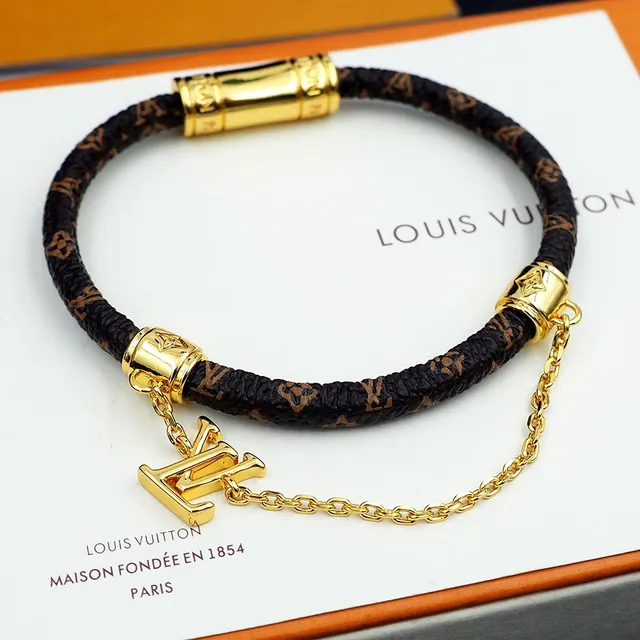 Louis Vuitton Monogram Leather Bracelet Brown Gold Braided Hardware Bracelet 3