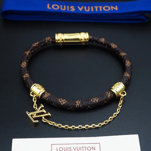 Louis Vuitton Monogram Leather Bracelet Brown Gold Braided Hardware Bracelet 4