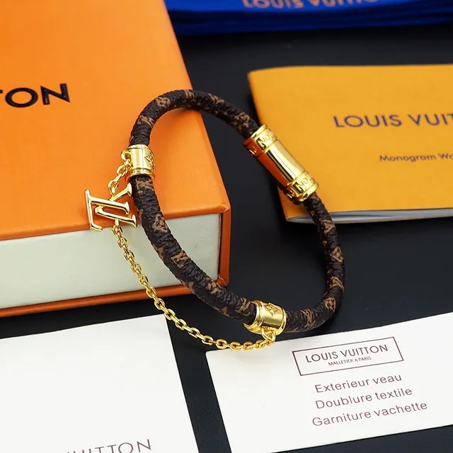 Louis Vuitton Monogram Leather Bracelet Brown Gold Braided Hardware Bracelet 5