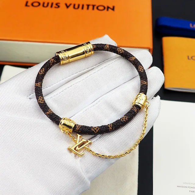 Louis Vuitton Monogram Leather Bracelet Brown Gold Braided Hardware Bracelet 6