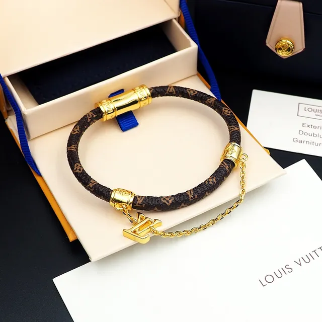 Louis Vuitton Monogram Leather Bracelet Brown Gold Braided Hardware Bracelet 7