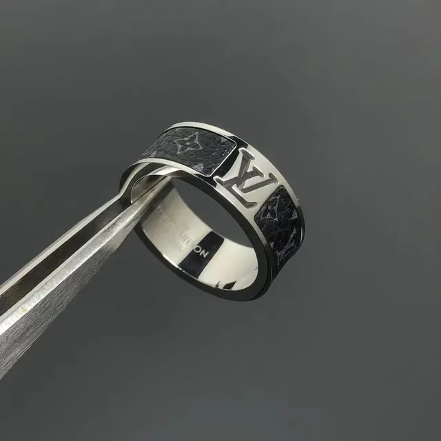 Louis Vuitton Monogram Leather Ring Black and Silver Rings 4