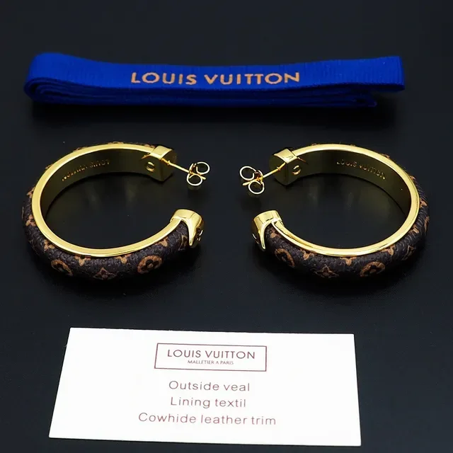 Louis Vuitton Monogram Leather-Wrapped Gold-Tone Hoop Earrings 5