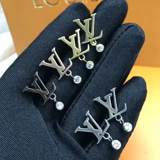 Louis Vuitton Monogram Logo Drop Gold Silver Dangling Crystal Earrings