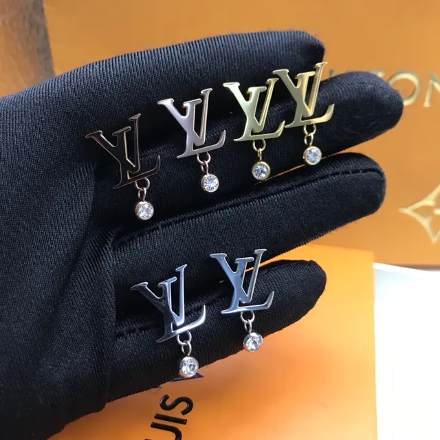 Louis Vuitton Monogram Logo Drop Gold Silver Dangling Crystal Earrings 2