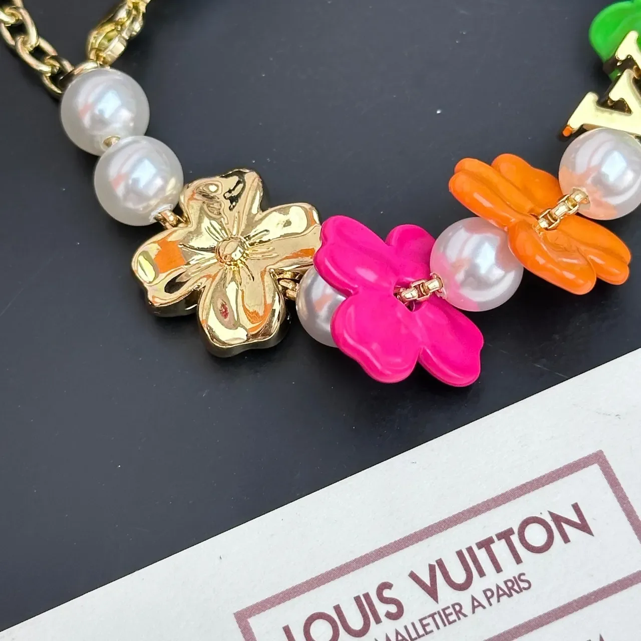 Louis Vuitton Multicolor Gold Floral Charm Pearl-Accented Bracelet 7