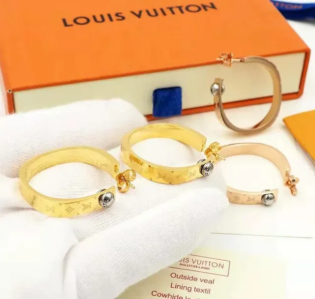 Louis Vuitton Nanogram Engraved Gold-Tone Hoop Earrings 3