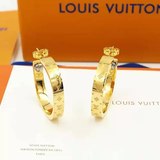 Louis Vuitton Nanogram Engraved Gold-Tone Hoop Earrings 5