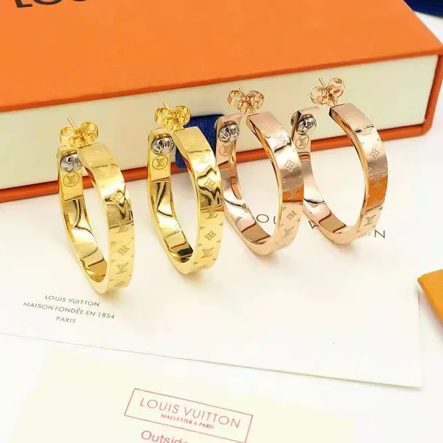 Louis Vuitton Nanogram Engraved Gold-Tone Hoop Earrings 6