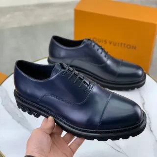 Louis Vuitton Navy Black Cap-Toe Polished Leather Oxford Shoes