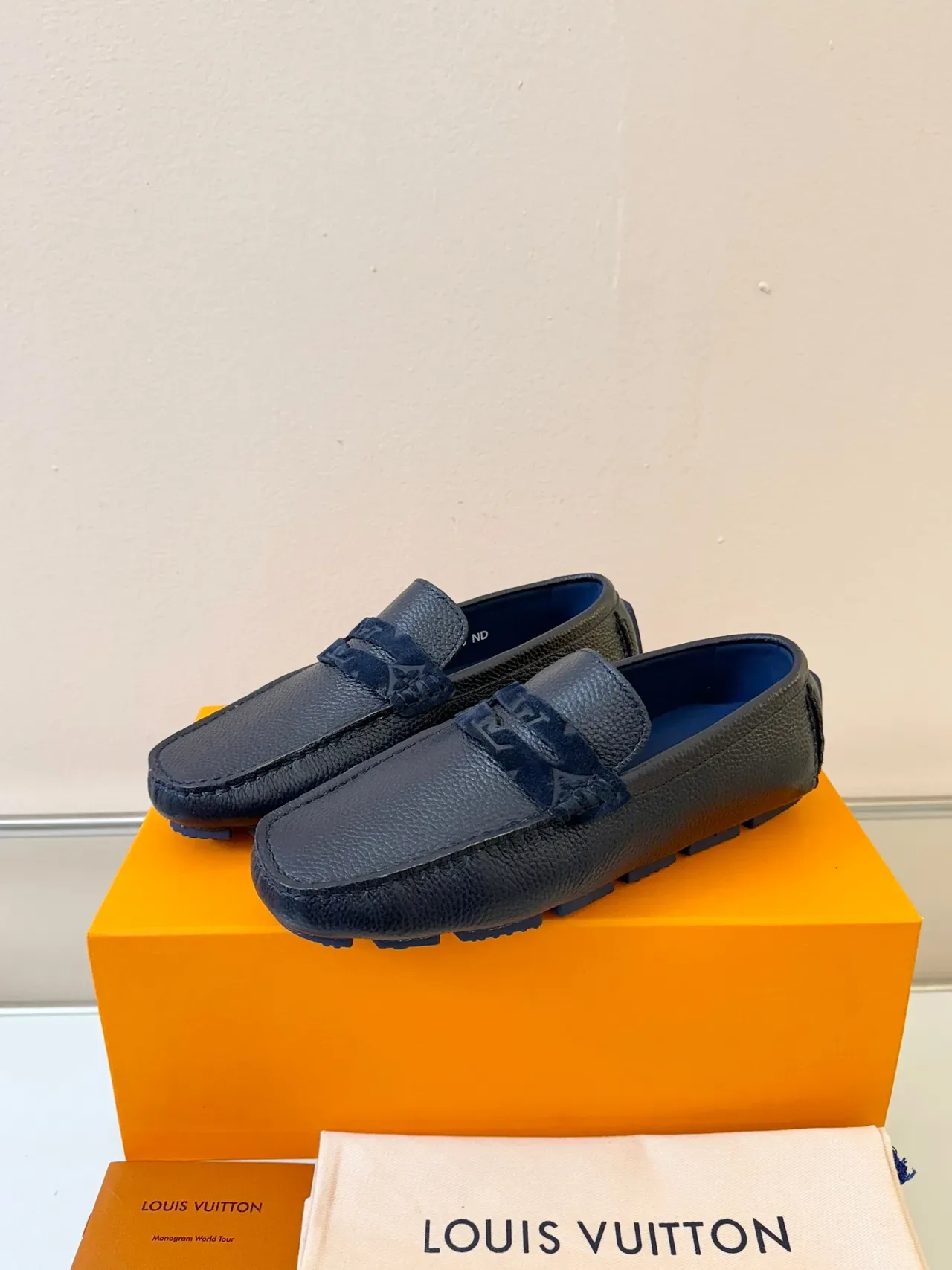Louis Vuitton Navy Blue Pebbled Leather Monogrammed Strap Loafer 2