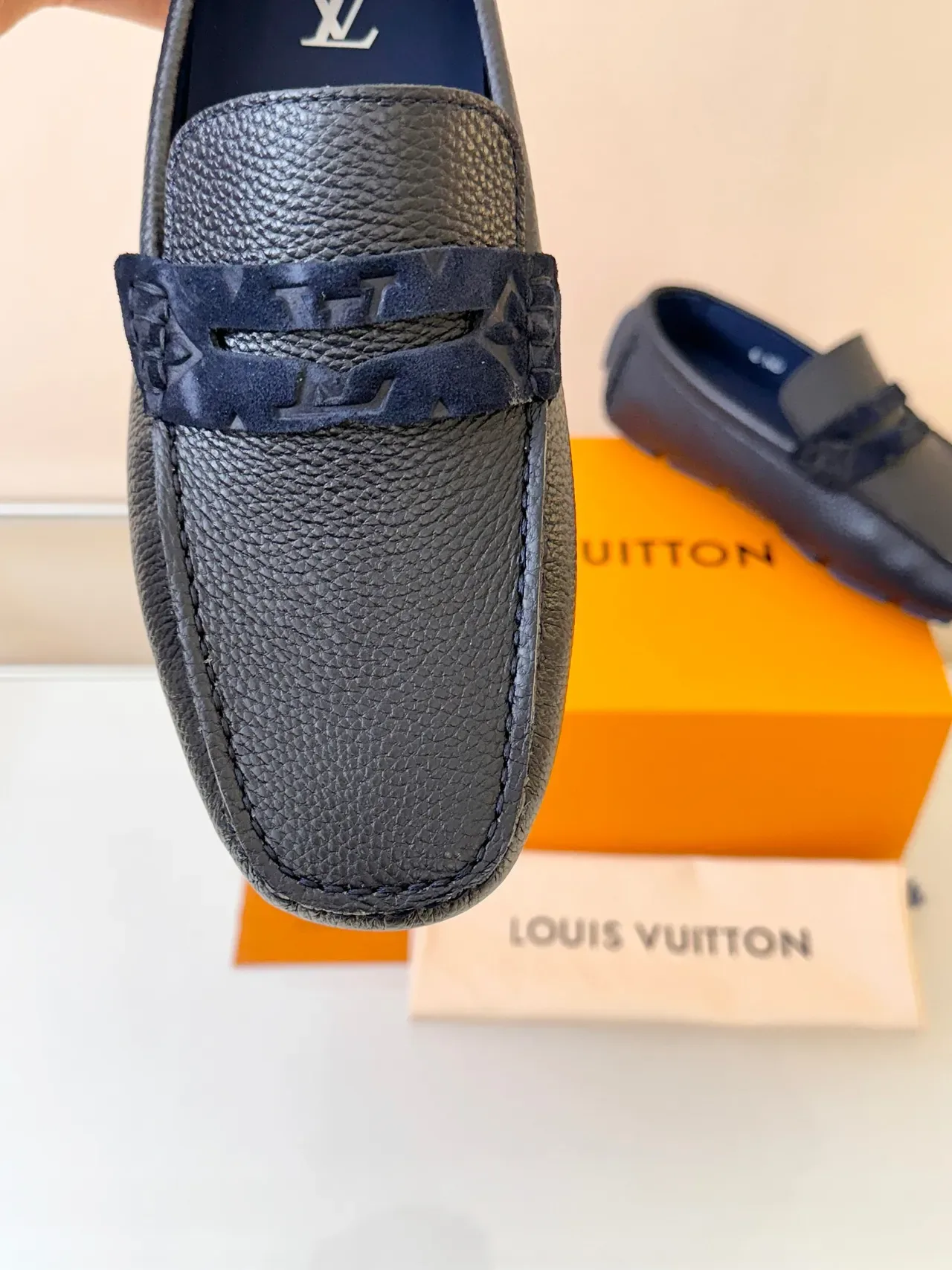 Louis Vuitton Navy Blue Pebbled Leather Monogrammed Strap Loafer 3