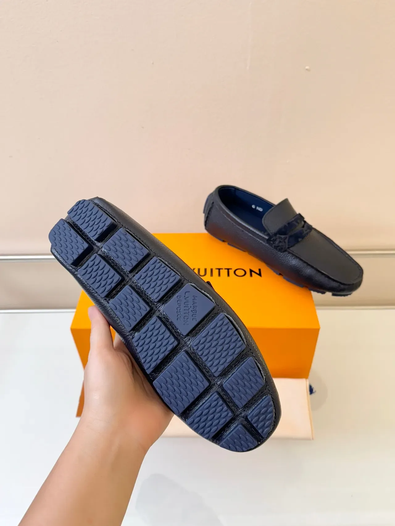 Louis Vuitton Navy Blue Pebbled Leather Monogrammed Strap Loafer 5