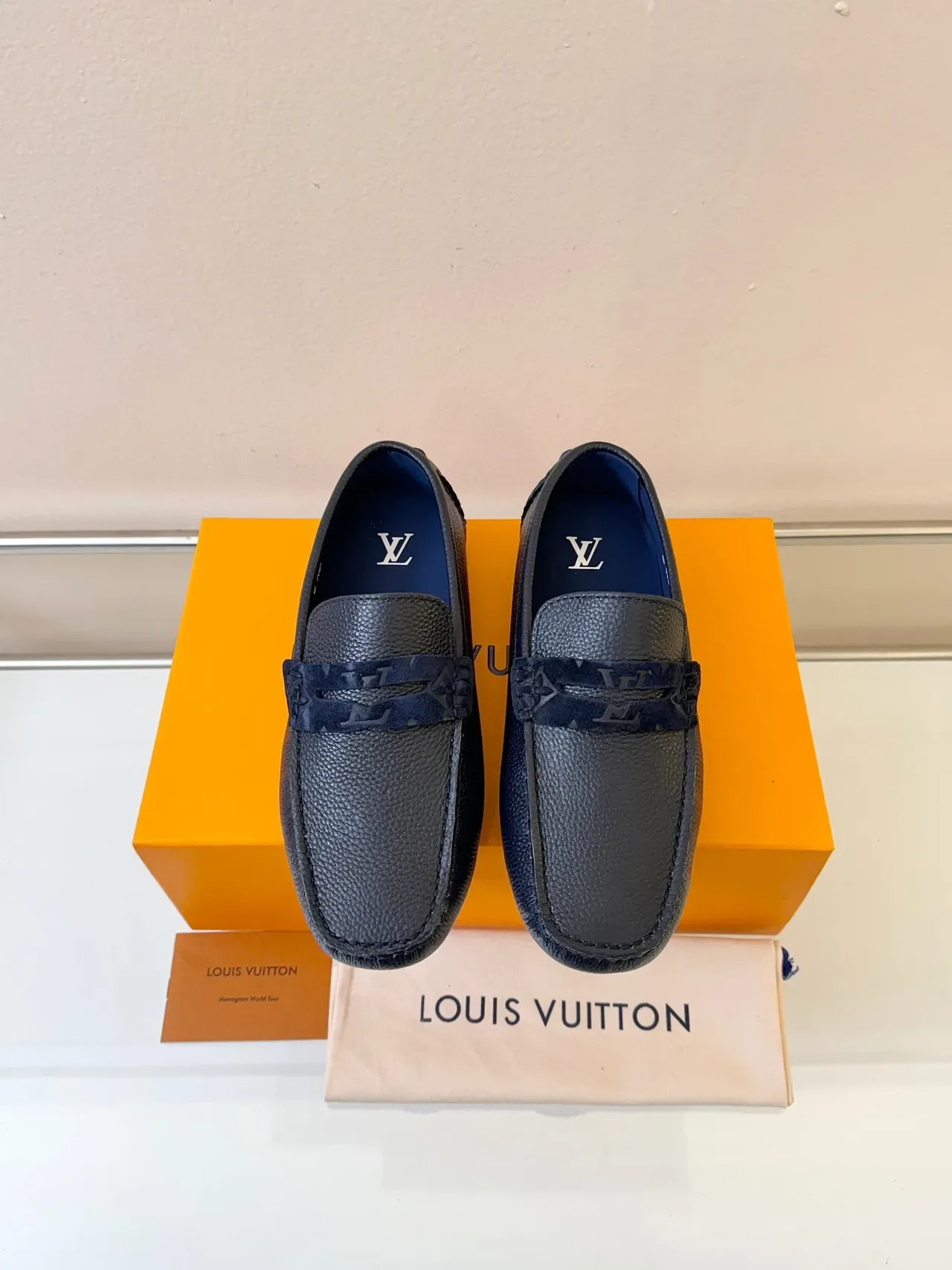 Louis Vuitton Navy Blue Pebbled Leather Monogrammed Strap Loafer 6