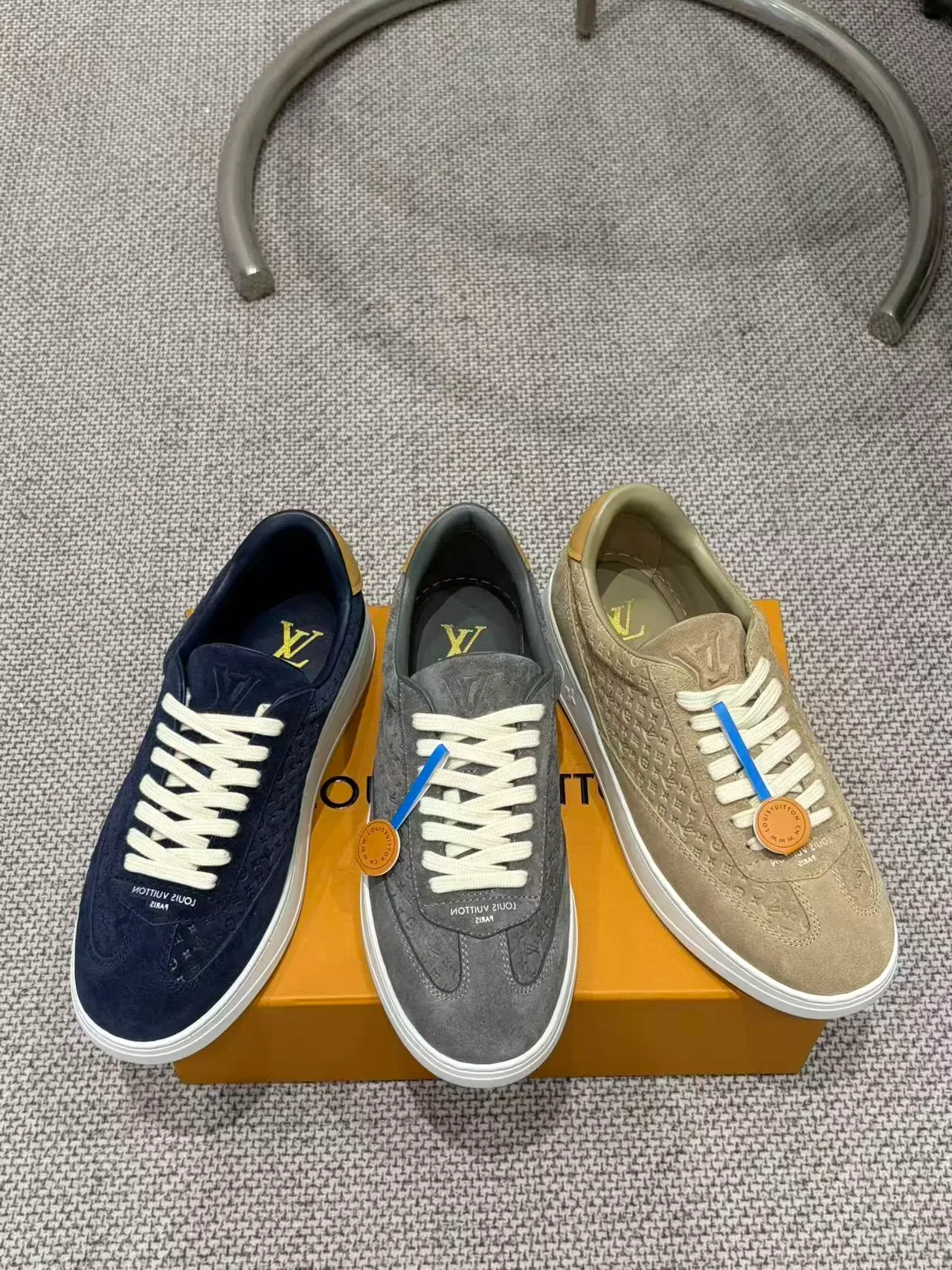 Louis Vuitton Navy White Suede Embossed Monogram Lifestyle Sneakers 2