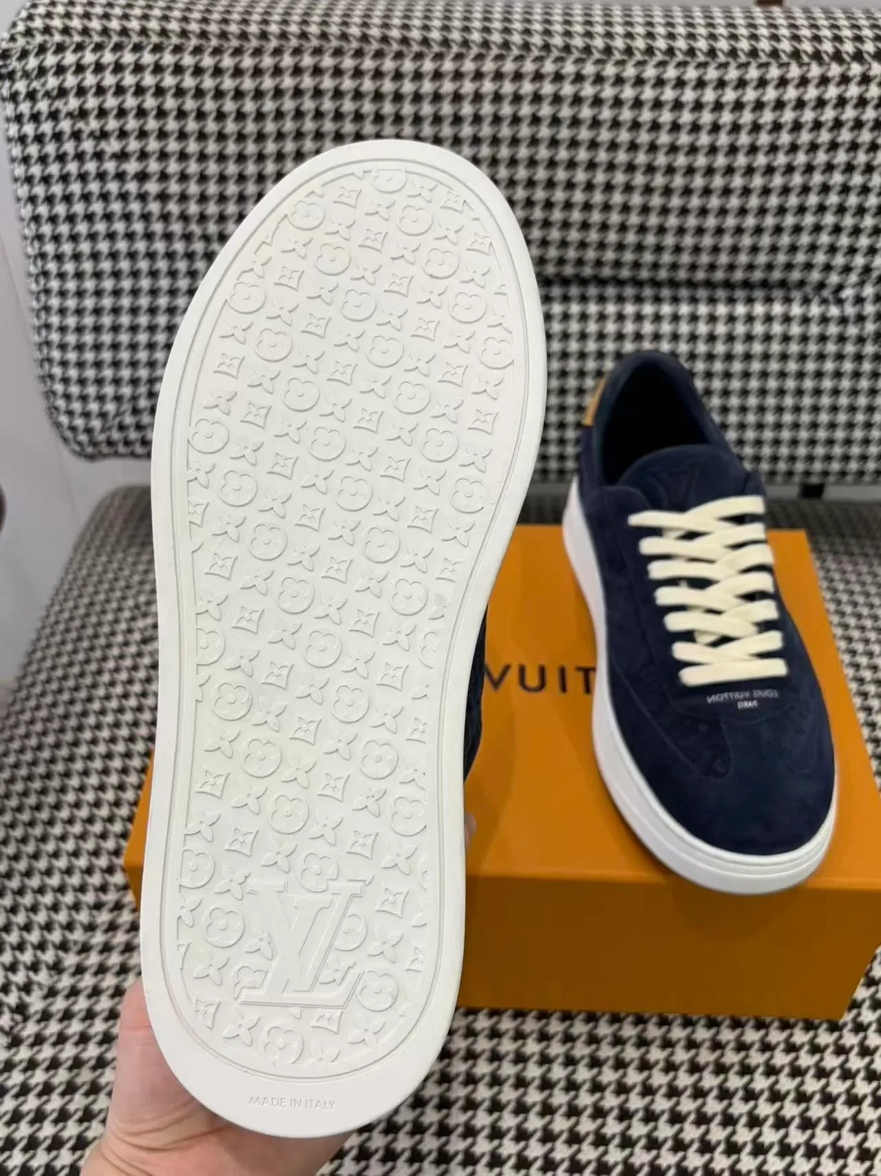 Louis Vuitton Navy White Suede Embossed Monogram Lifestyle Sneakers 3
