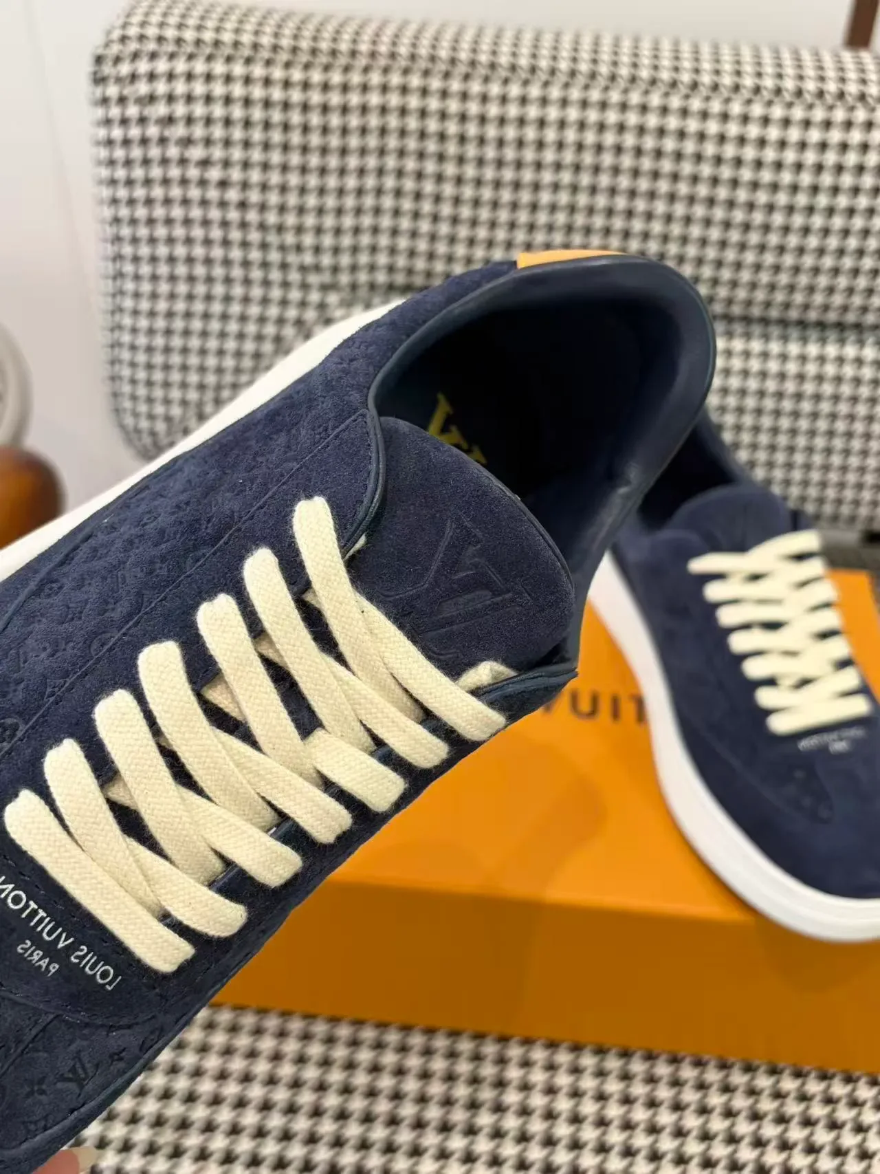 Louis Vuitton Navy White Suede Embossed Monogram Lifestyle Sneakers 4