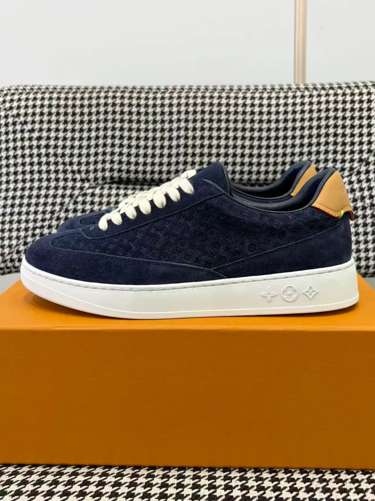 Louis Vuitton Navy White Suede Embossed Monogram Lifestyle Sneakers 5