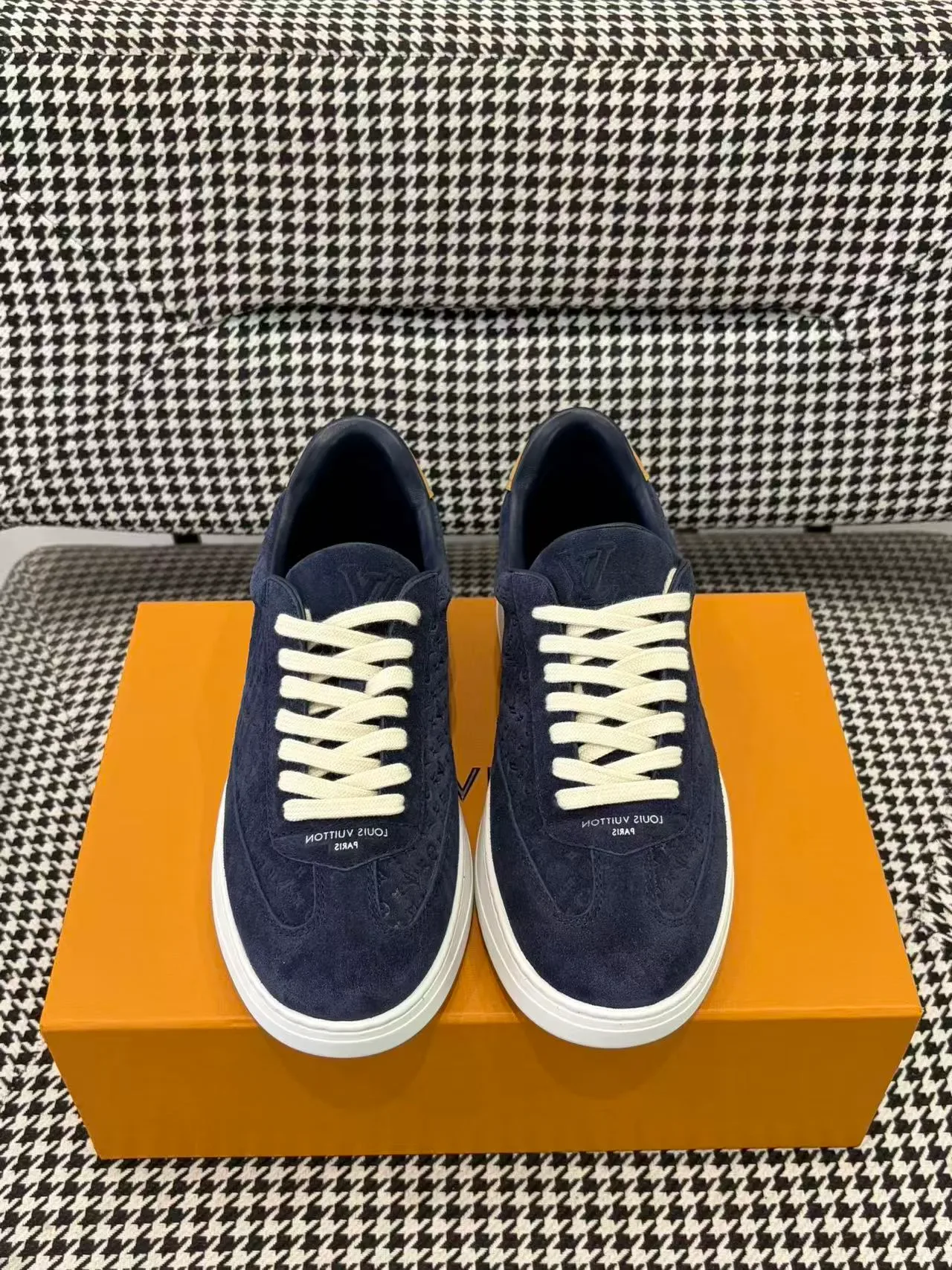 Louis Vuitton Navy White Suede Embossed Monogram Lifestyle Sneakers 6