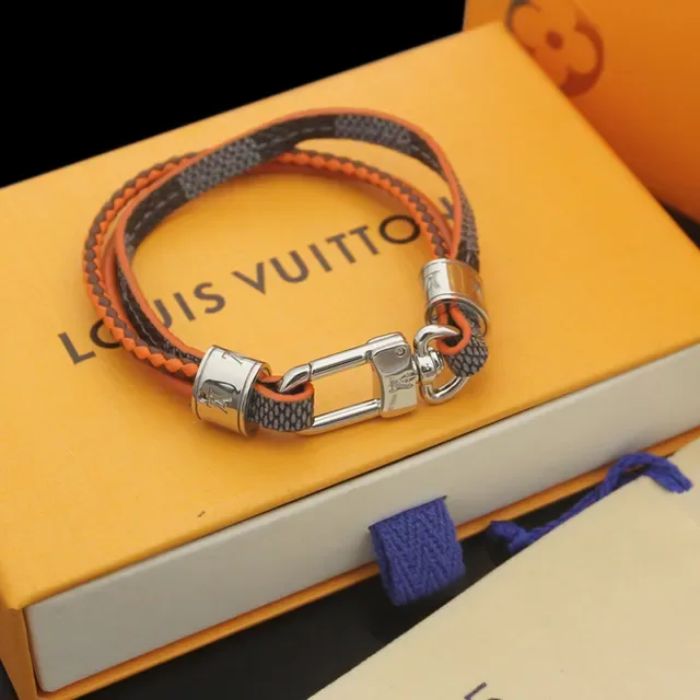 Louis Vuitton Orange and Black Braided Leather Wrap Bracelet 4