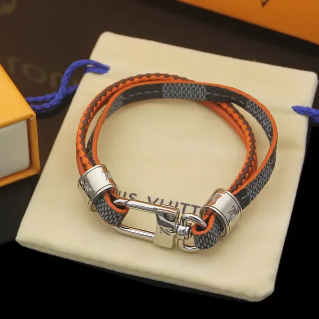 Louis Vuitton Orange and Black Braided Leather Wrap Bracelet 5