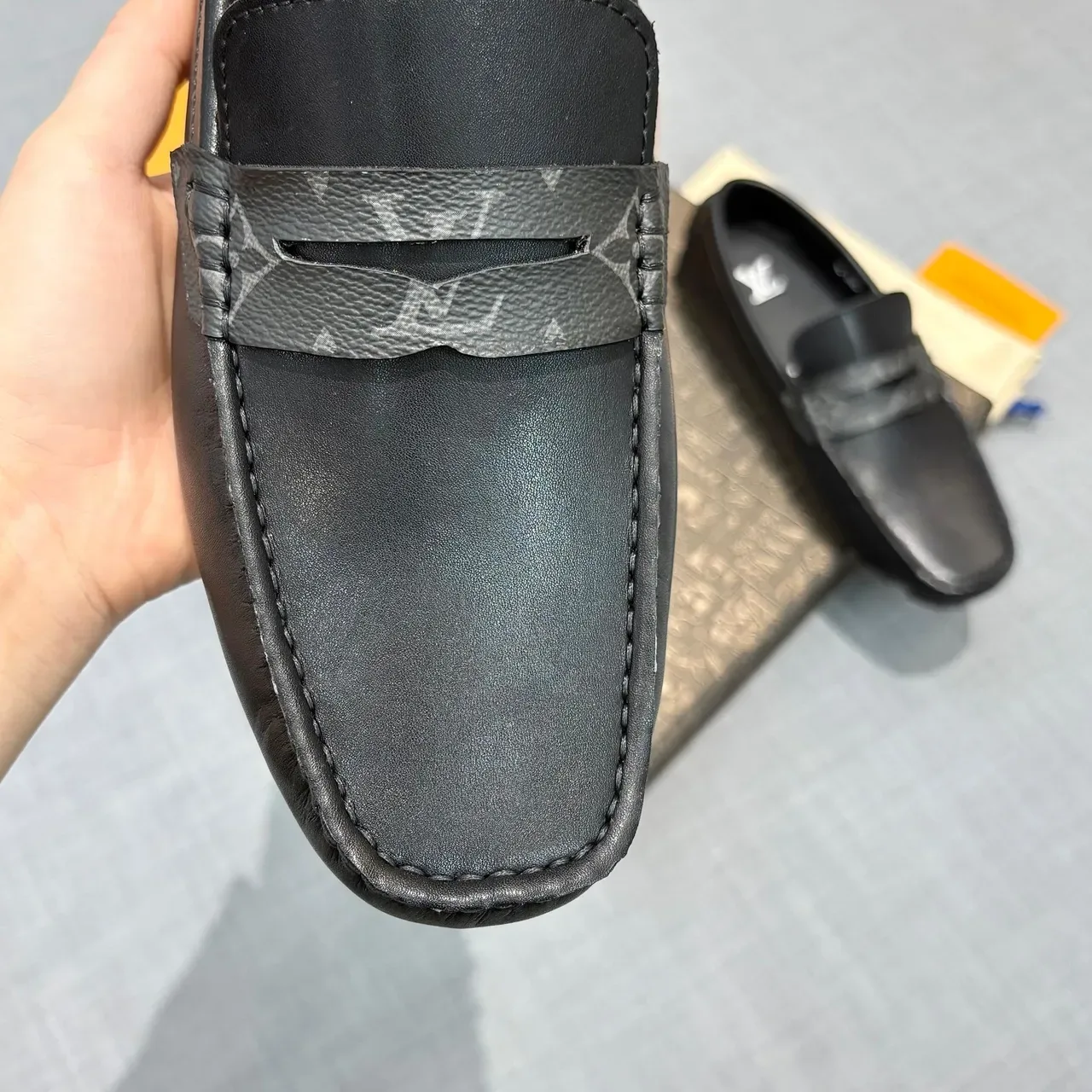 Louis Vuitton Penny Loafer Black Gray Leather Monogram Strap Loafer 3