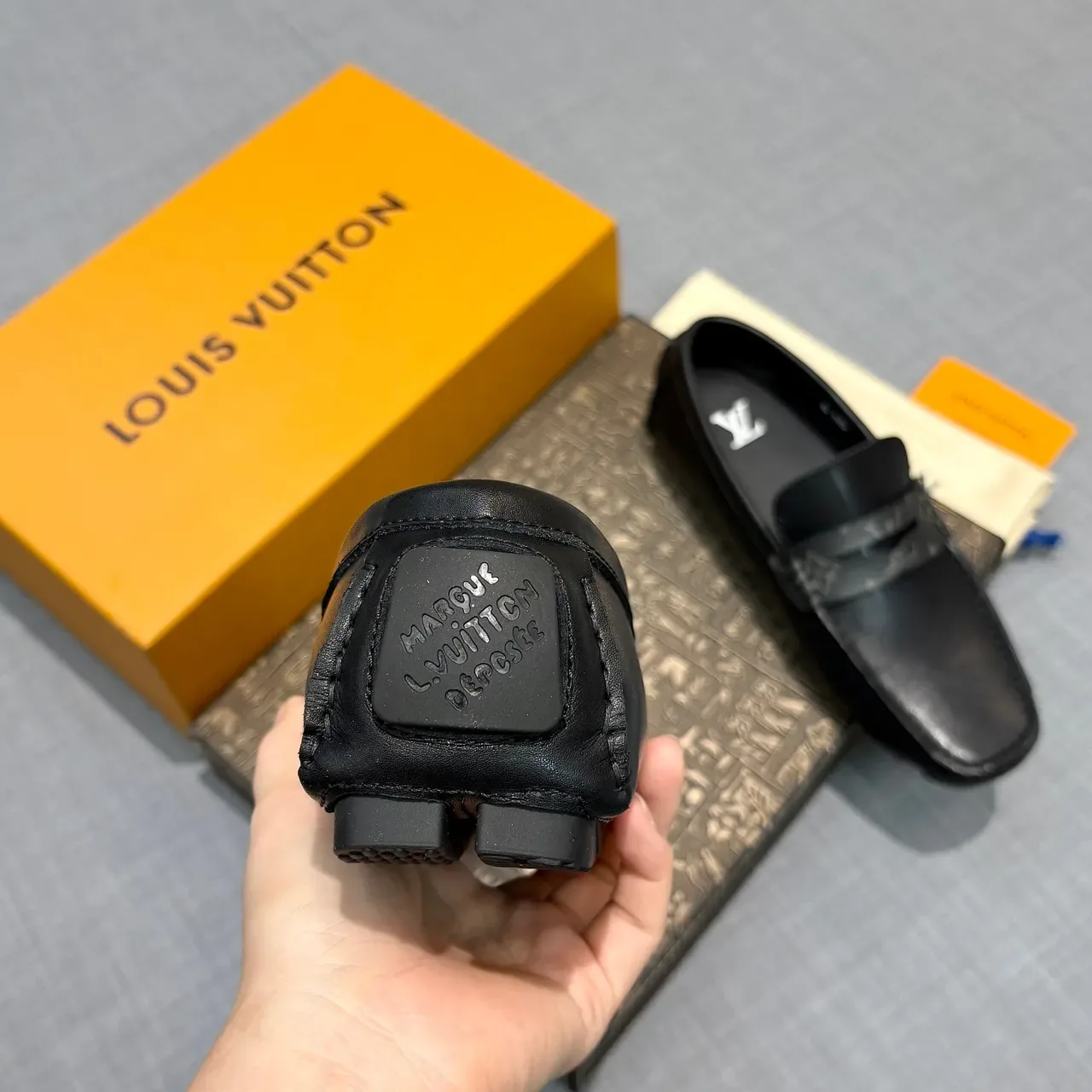 Louis Vuitton Penny Loafer Black Gray Leather Monogram Strap Loafer 4