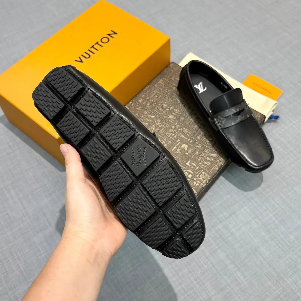 Louis Vuitton Penny Loafer Black Gray Leather Monogram Strap Loafer 5