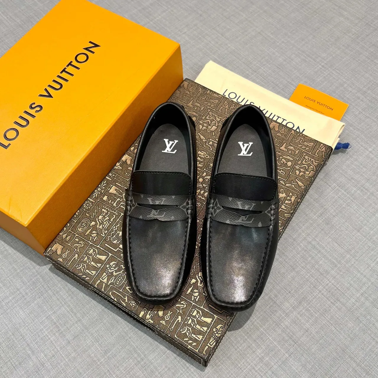 Louis Vuitton Penny Loafer Black Gray Leather Monogram Strap Loafer 6