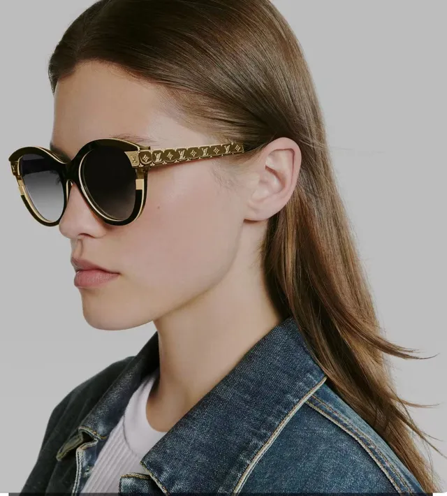 Louis Vuitton Petit Soupçon Óculos de Sol Preto Dourado Silhueta Olho de Gato Temples com Monograma Decorado 8