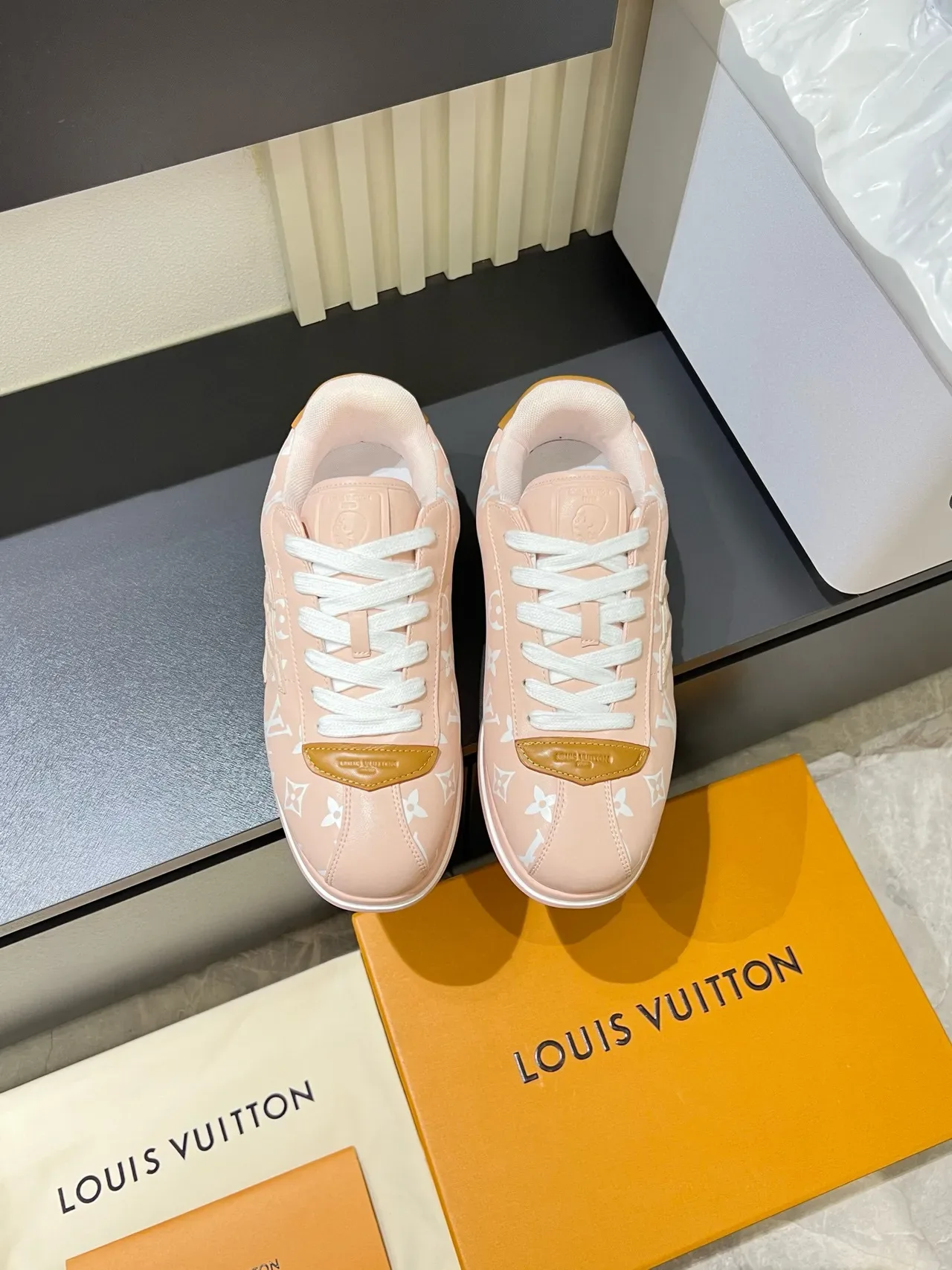 Louis Vuitton Pink Beige Monogram-Print Canvas Contrasting Tan Leather Accents Lifestyle Sneakers 2