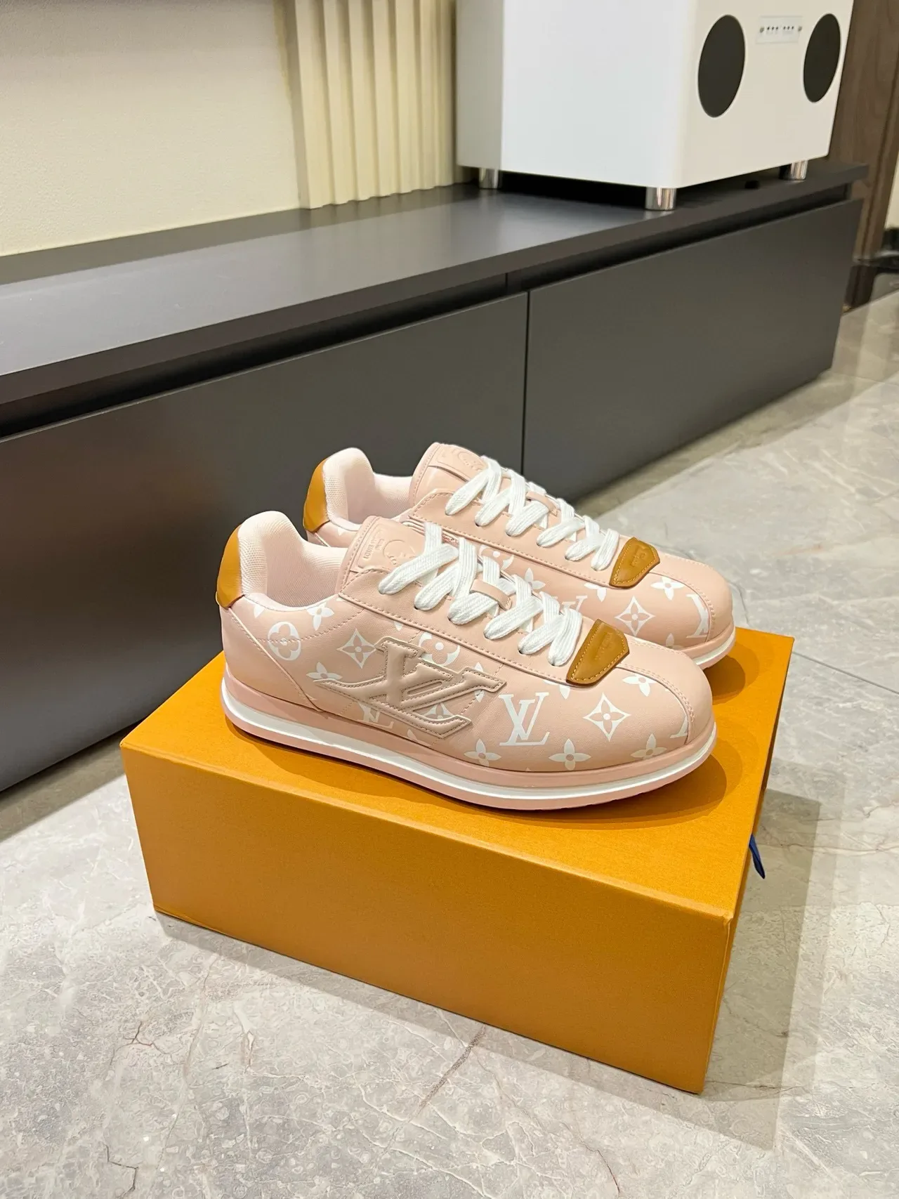 Louis Vuitton Pink Beige Monogram-Print Canvas Contrasting Tan Leather Accents Lifestyle Sneakers 3