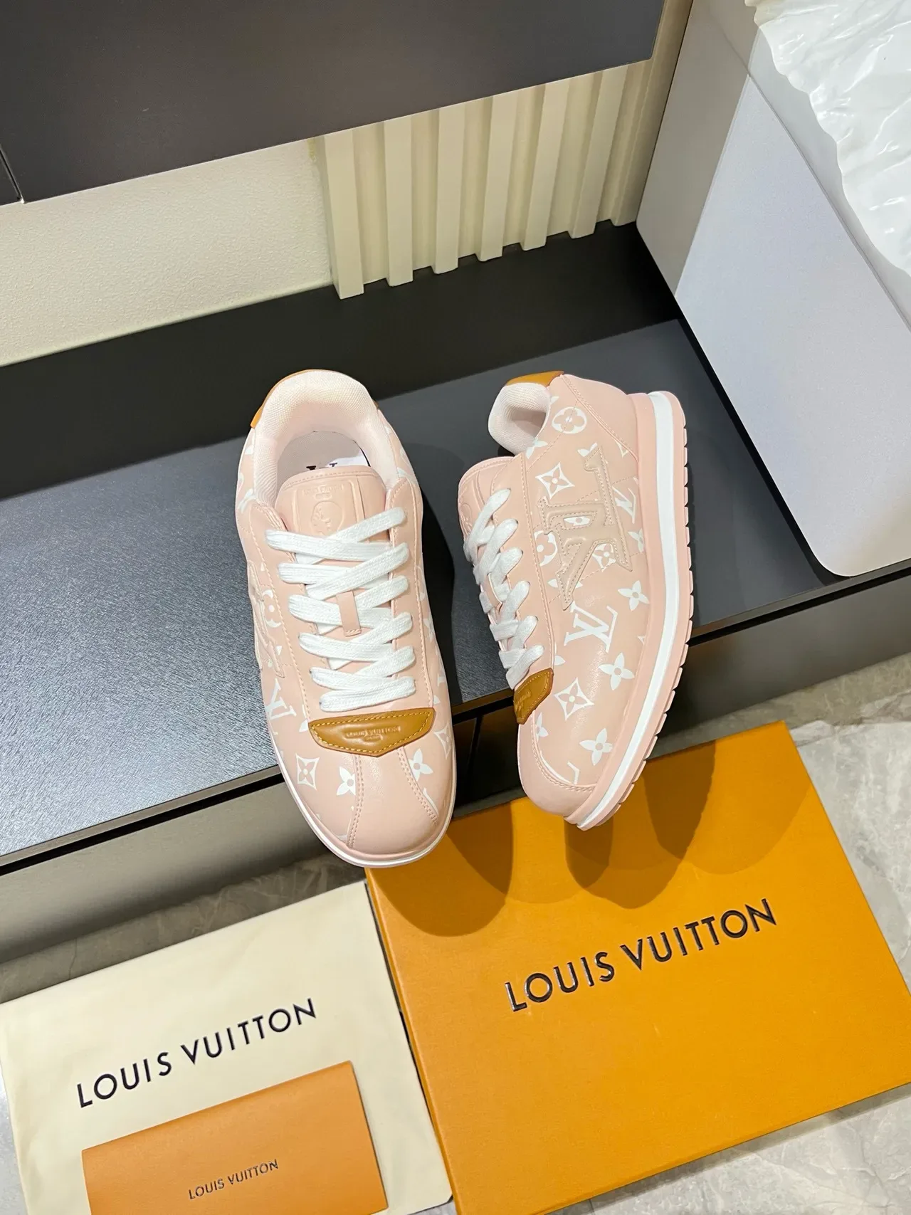 Louis Vuitton Pink Beige Monogram-Print Canvas Contrasting Tan Leather Accents Lifestyle Sneakers 4